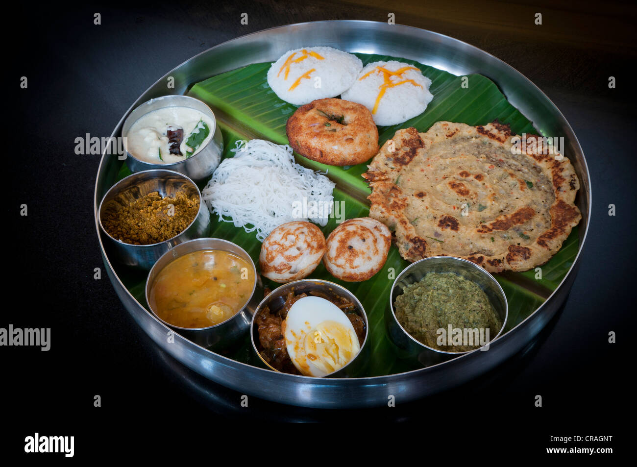 Südindische Thali, Chettinad, Tamil Nadu, Südindien, Indien, Asien Stockfoto