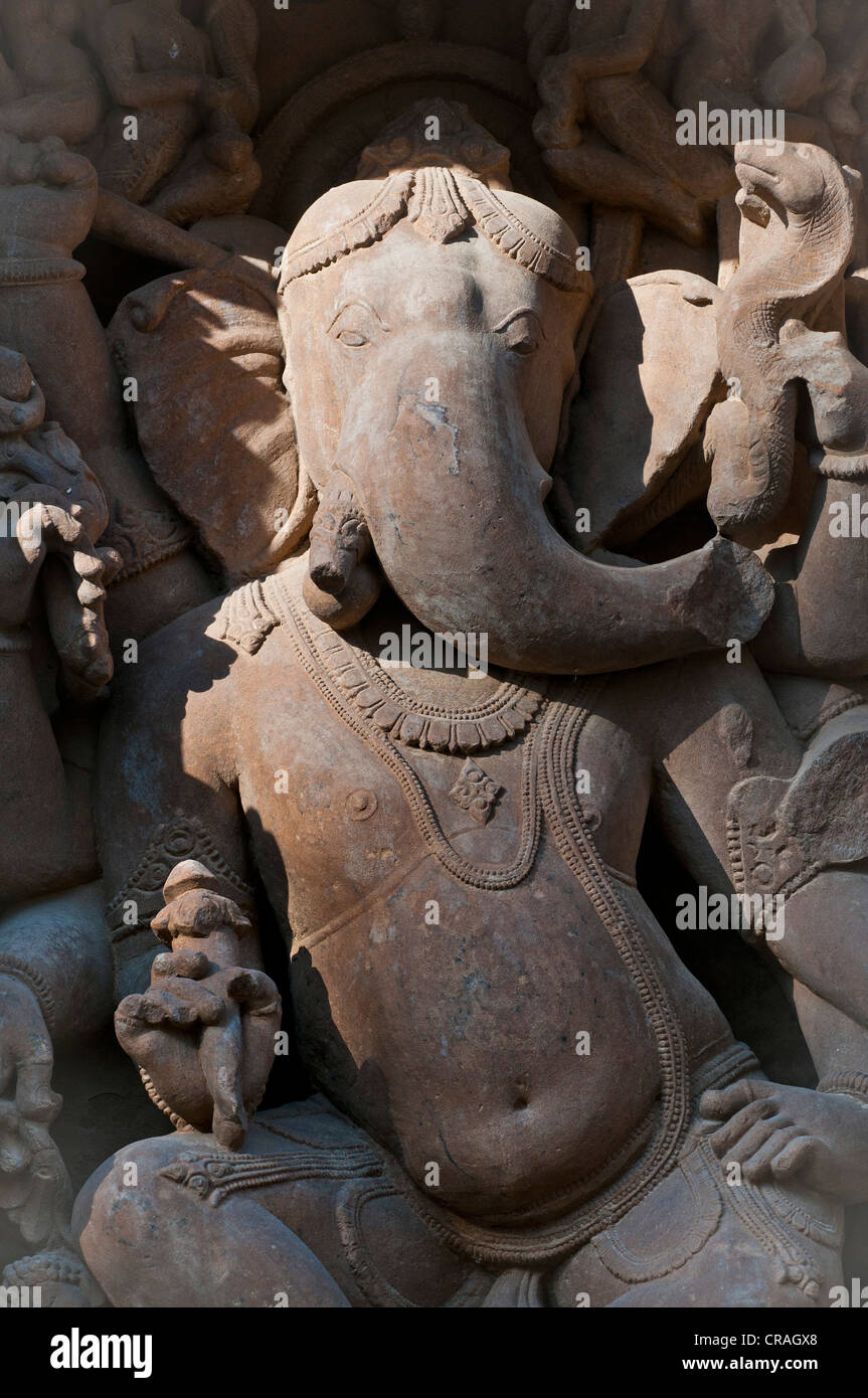 Elefantengott Ganesha oder Ganesh, Skulptur in Khajuraho Gruppe Denkmäler, UNESCO-Weltkulturerbe, Madhya Pradesh, Indien Stockfoto