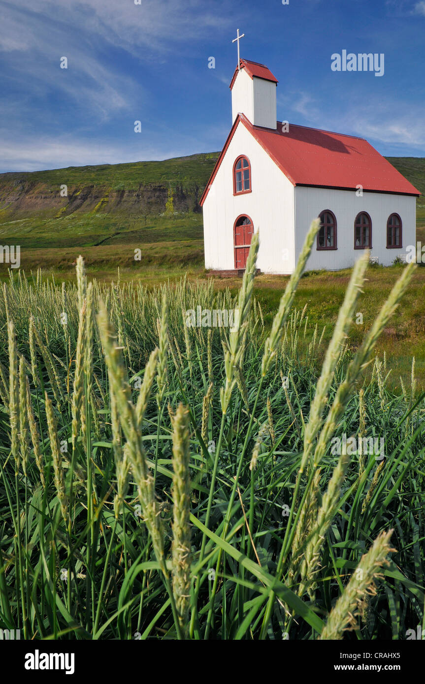 Verlassene Kirche, Unadsdalur, Hornstrandir, Westfjorde, West-Island, Island, Europa Stockfoto