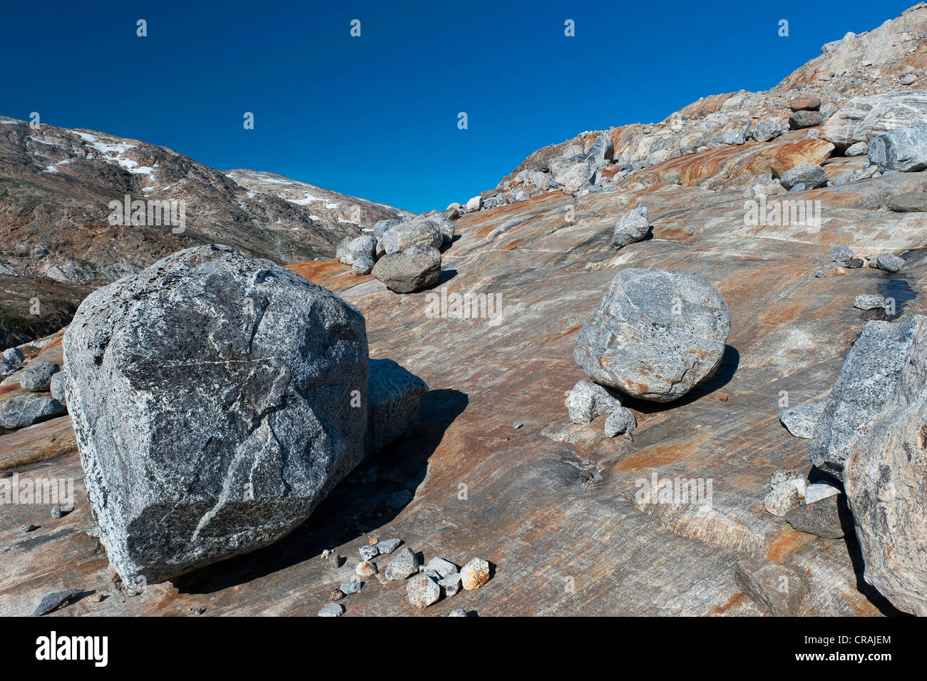 Felsen und Geröll am Mittivakkat Gletscher, Ammassalik Halbinsel, Ostgrönland, Grönland Stockfoto