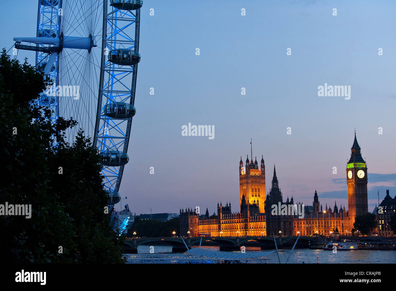 London Eye, Big Ben, Houses of Parlament, Palace of Westminster, London, England, Vereinigtes Königreich, Europa Stockfoto