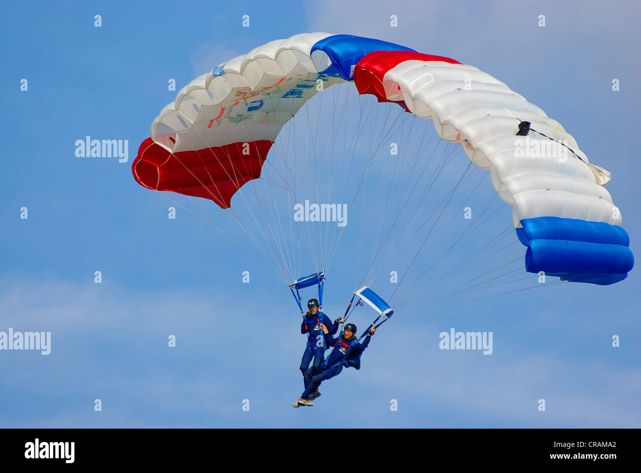 Zwei Fallschirmspringer gleiten paarweise hinunter. Stockfoto
