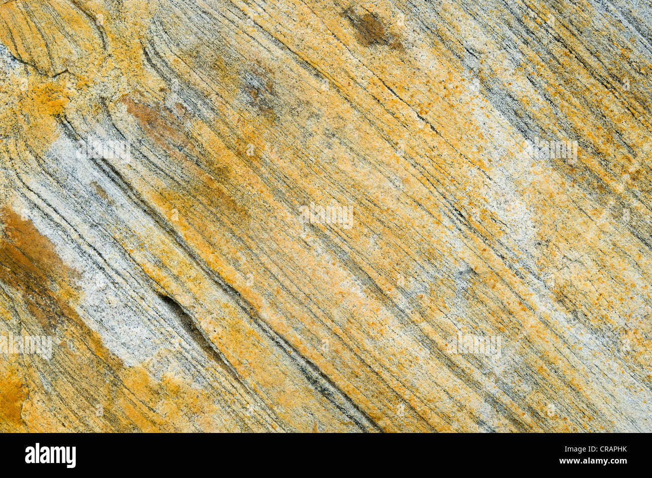 Ockerfarbene Felsen am Mittivakkat Gletscher, Insel Ammassalik, Ostgrönland Stockfoto