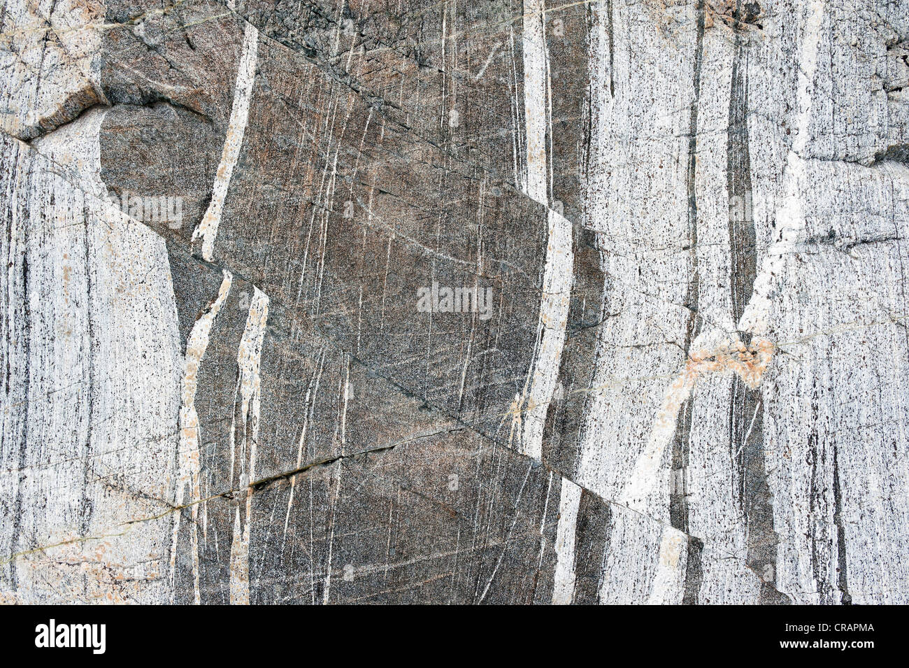 Schwarz / weiß Felsstrukturen auf der Mittivakkat Gletscher, Insel Ammassalik, Ostgrönland Stockfoto