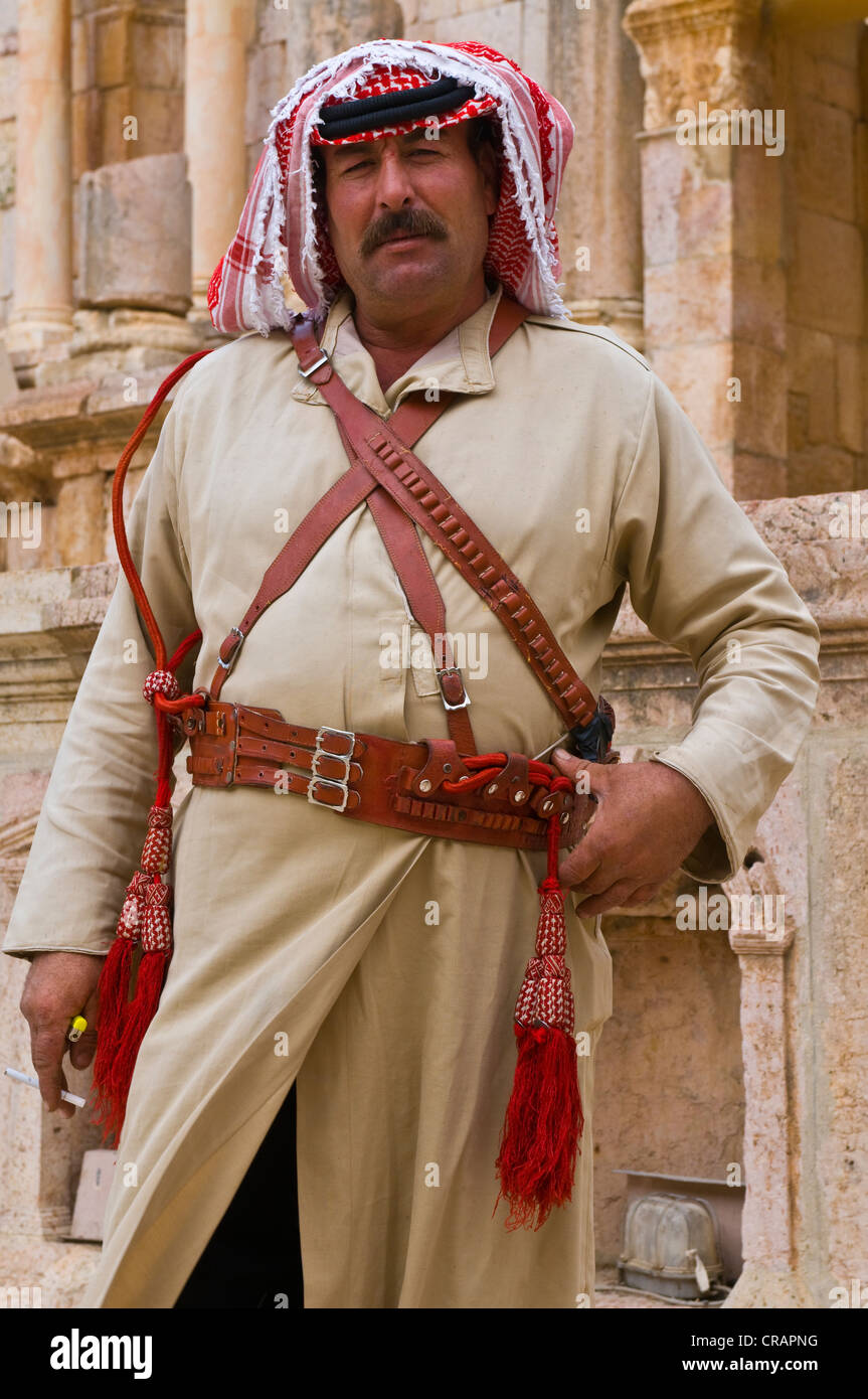 Mann mit Dudelsack, Gerasa, Jerash, Jordanien, Naher Osten Stockfoto