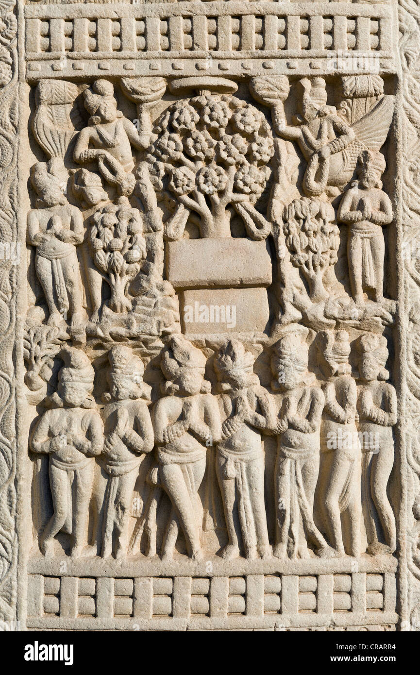 Relief aus dem Leben des Buddha, Stupas von Sanchi, UNESCO-Weltkulturerbe, gebaut von König Ashoka, der Mauryan Dynastie Stockfoto