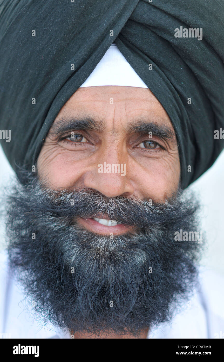 Sikh mit einem schwarzen Turban, Porträt, Harmandir Sahib oder Goldener Tempel, Amritsar, Punjab, Nordindien, Indien, Asie Stockfoto