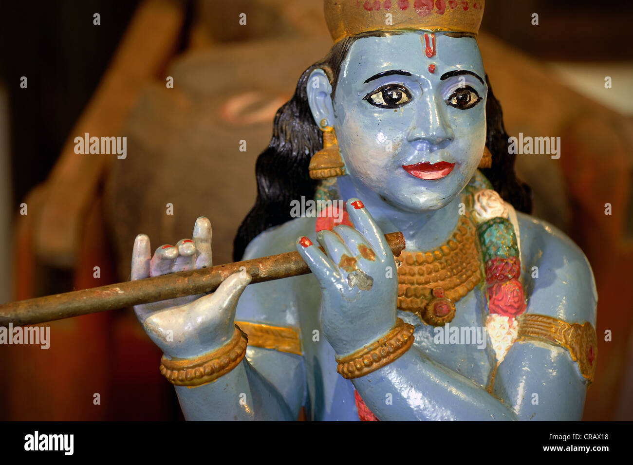 Hirten Gott Krishna sein Flötenspiel, Heritage Hotel Privatsphäre, Vembanad See, Kerala, Indien, Asien Stockfoto