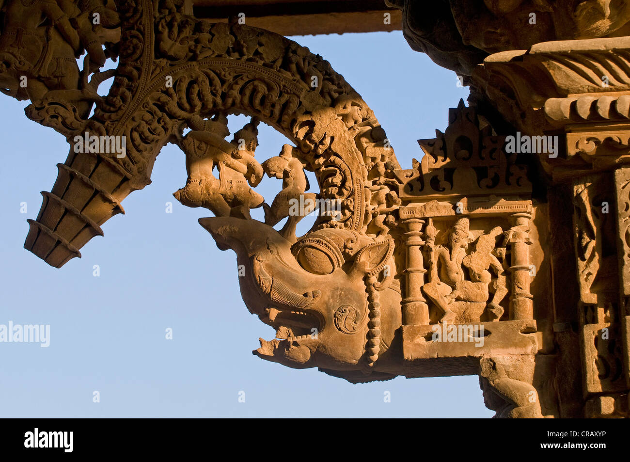 Fabelwesen und dekorativen Skulpturen, Khajuraho Gruppe von Denkmälern, UNESCO-Weltkulturerbe, Madhya Pradesh, Indien Stockfoto