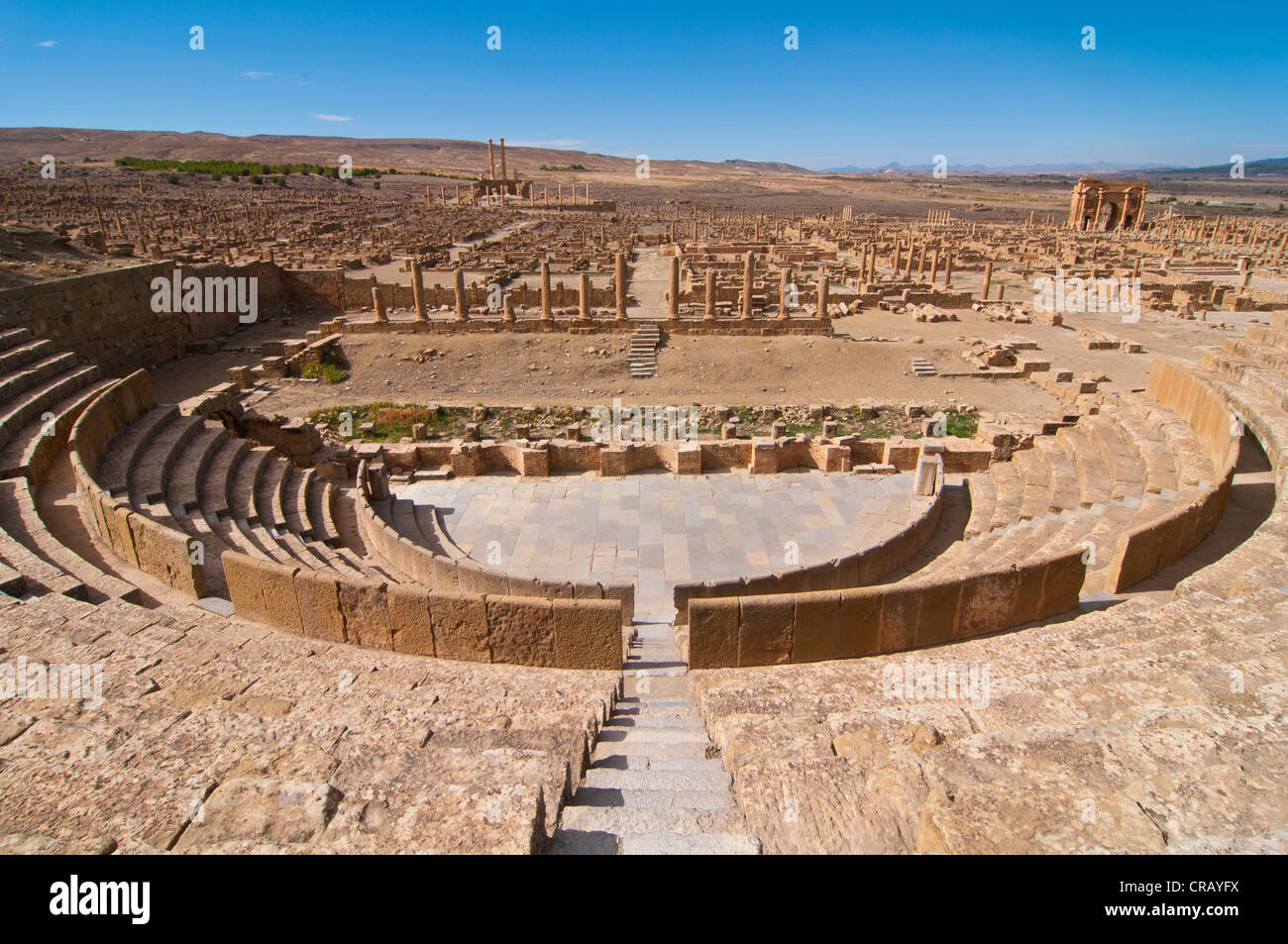Amphitheater, römische Ruinen von Timgad, UNESCO-Weltkulturerbe, Algerien, Afrika Stockfoto