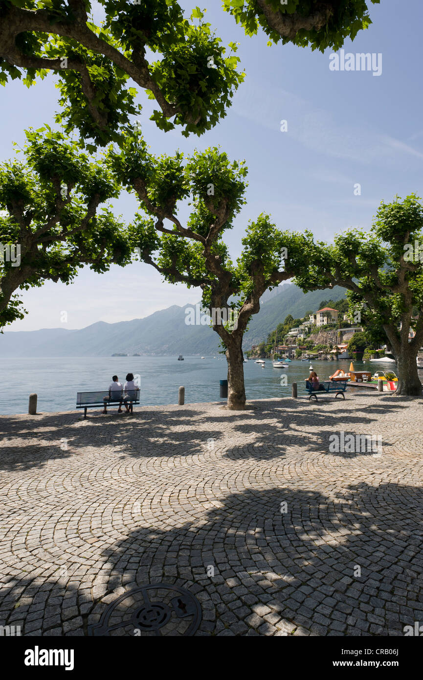 Promenade, Ascona, Lago Maggiore oder Lago Maggiore, Tessin, Schweiz, Europa Stockfoto