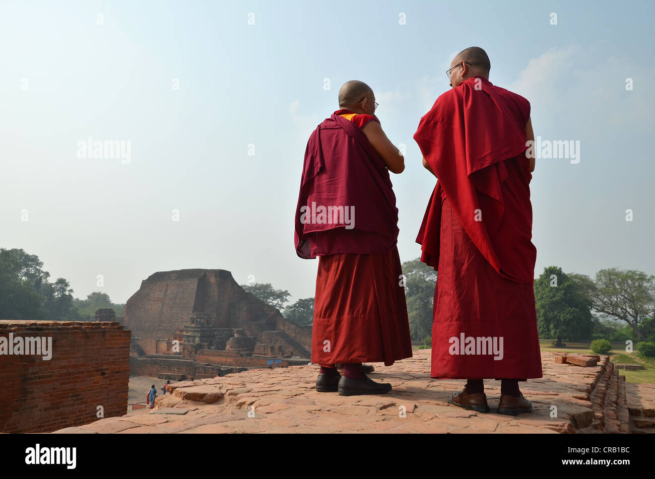Buddhismus, tibetische Mönche, die rote Roben tragen, während eine Wallfahrt zu der archäologischen Stätte der alten Universität von Nalanda, Stockfoto