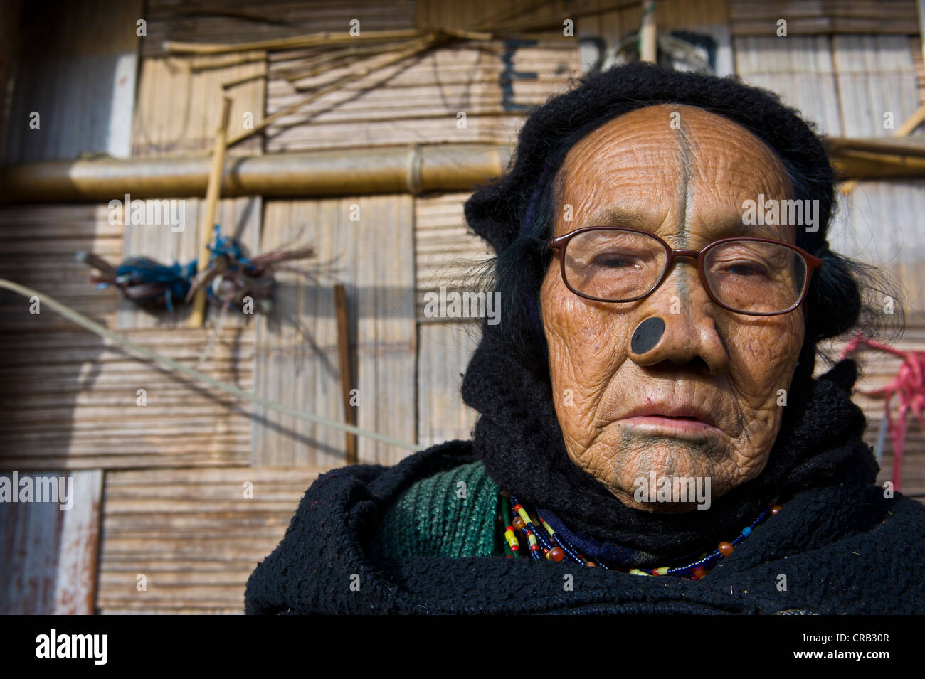 Alte Frau vom Stamm Apatani, bekannt für die Holzstücke in ihre Nase zu machen häßlich, Ziro, Arunachal Pradesh Stockfoto