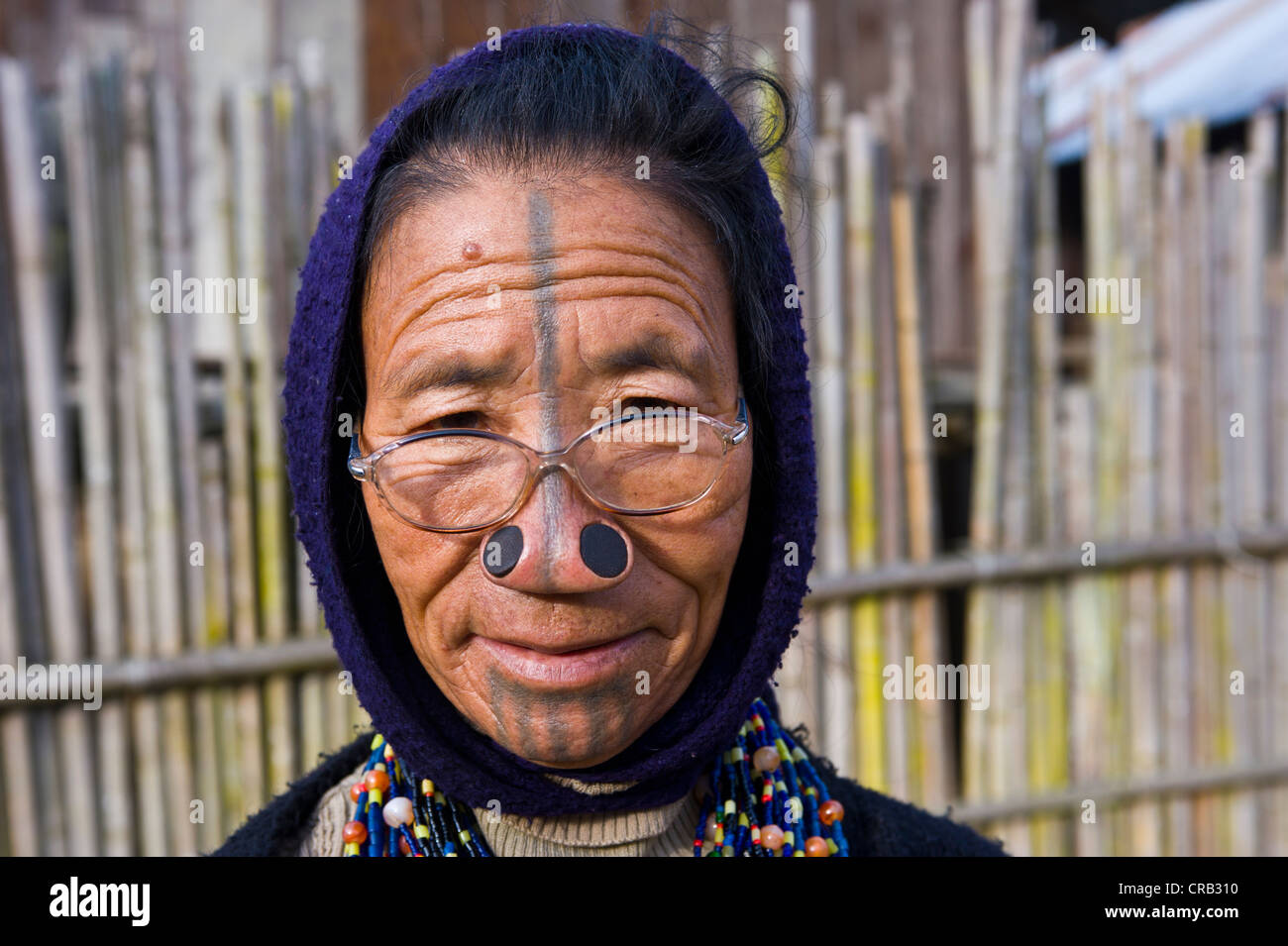 Ältere Frau der Volksgruppe Apatani, bekannt für die Holzstücke in ihre Nase zu Rivalen weniger attraktiv machen Stockfoto