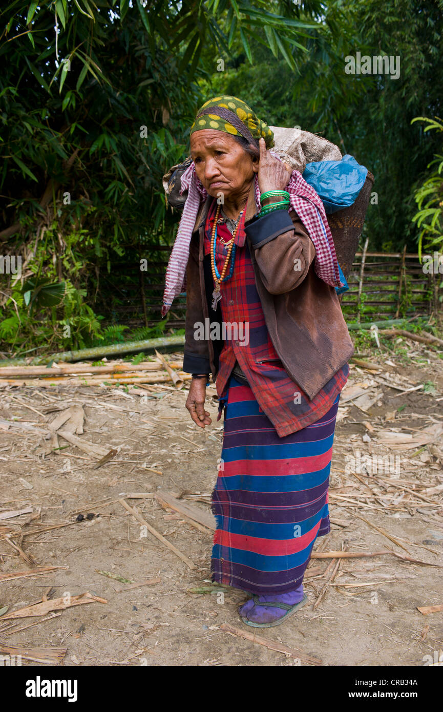 Frau von Adi Gallong Volksgruppe mit Holz auf dem Rücken zusammen, Arunachal Pradesh, North East India, Indien, Asien Stockfoto