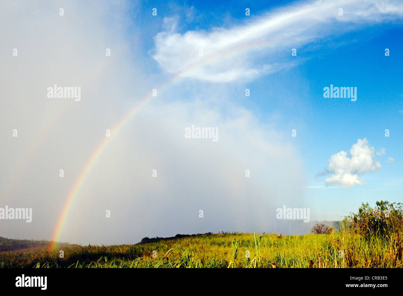 Wand aus Wasser, blauem Himmel und Regenbogen über die Victoriafälle, Wasserfall auf der simbabwischen Seite des Flusses Zambezi Stockfoto