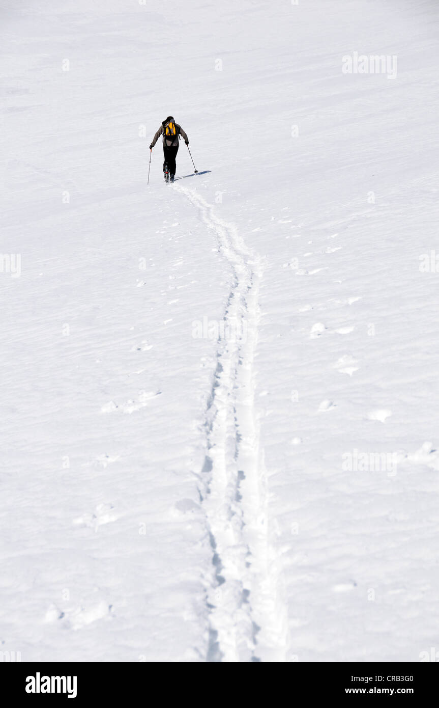Bergführer aufsteigend mit Tour-Ski, Ski-Tour-Route in das Tauerntal, auf dem Weg zur Hagener Hütte in der Nähe von Mallnitz Stockfoto