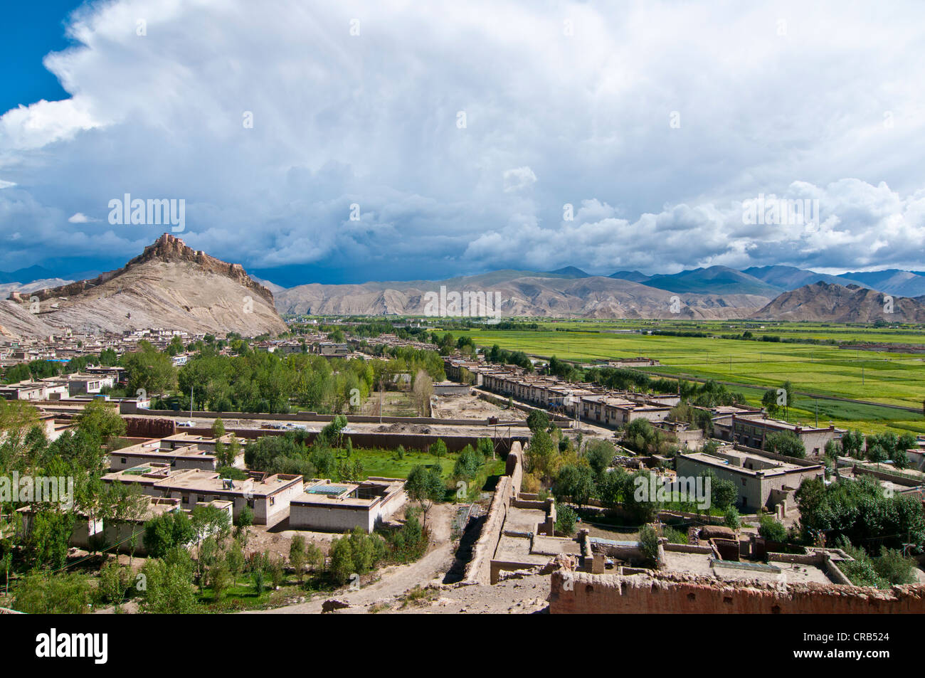 Der tibetischen Altstadt mit Gyantse Dzong oder Gyantse Festung an der Rückseite, Gyantse, Tibet, Asien Stockfoto