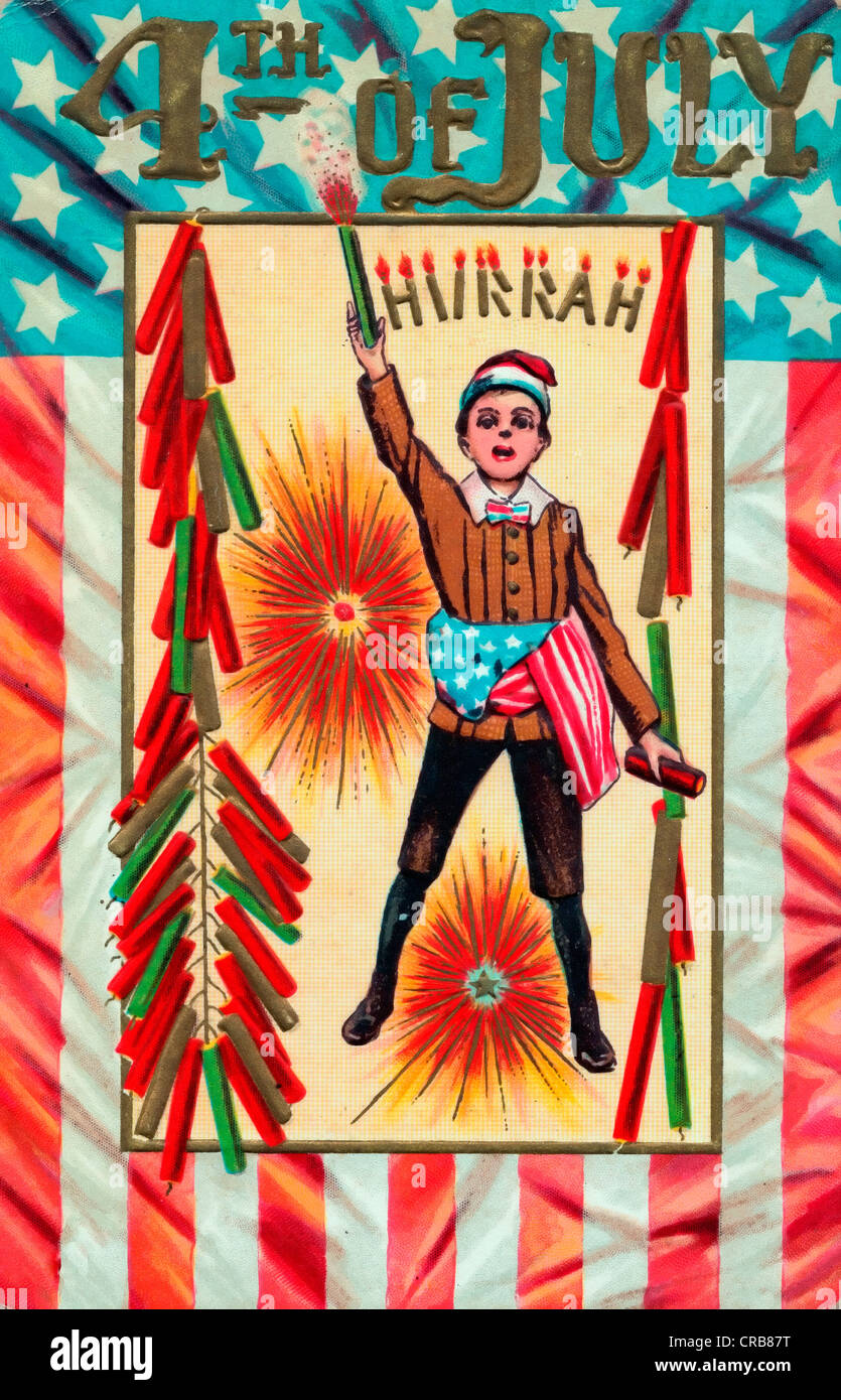 4. Juli - Hurra - Vintage-Unabhängigkeit-Tages-Karte Stockfoto