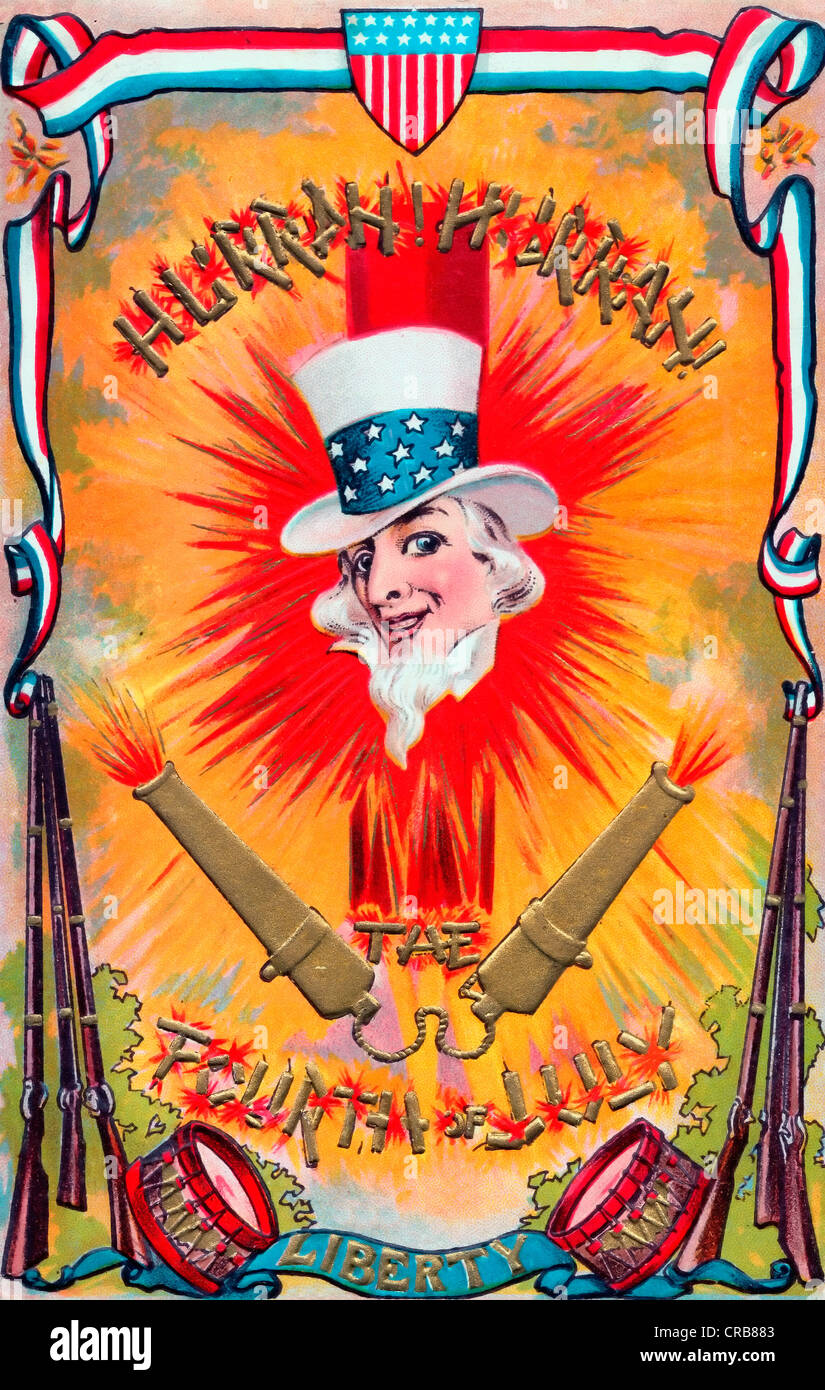 Hurra, Hurra, der 4. Juli - Liberty - Vintage Independence Day Karte Stockfoto