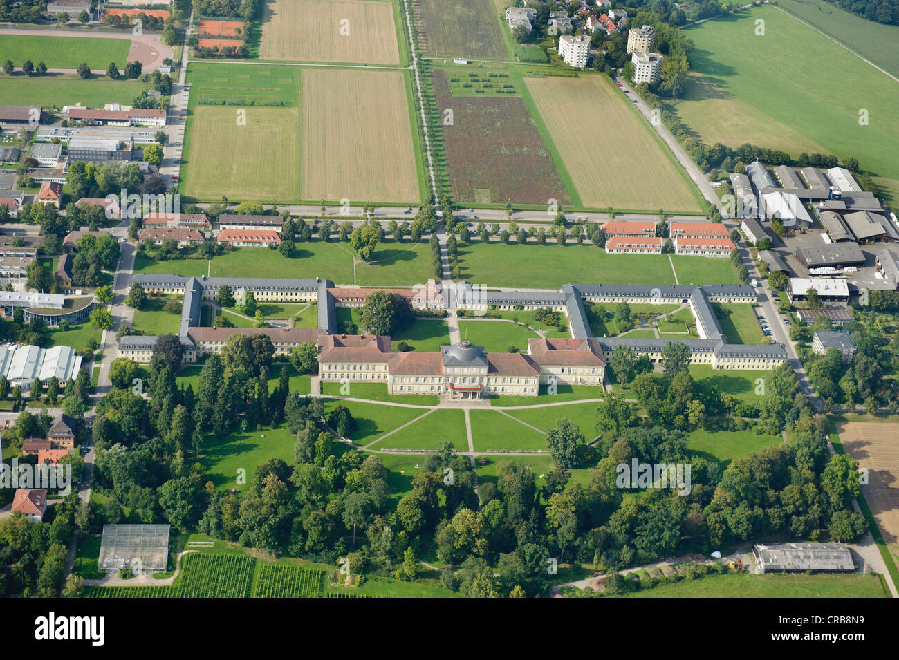 Luftaufnahme, Palast mit dem Botanischen Garten und einen Weinberg, Teile der Universität, Plieningen, Baden-Württemberg Stockfoto