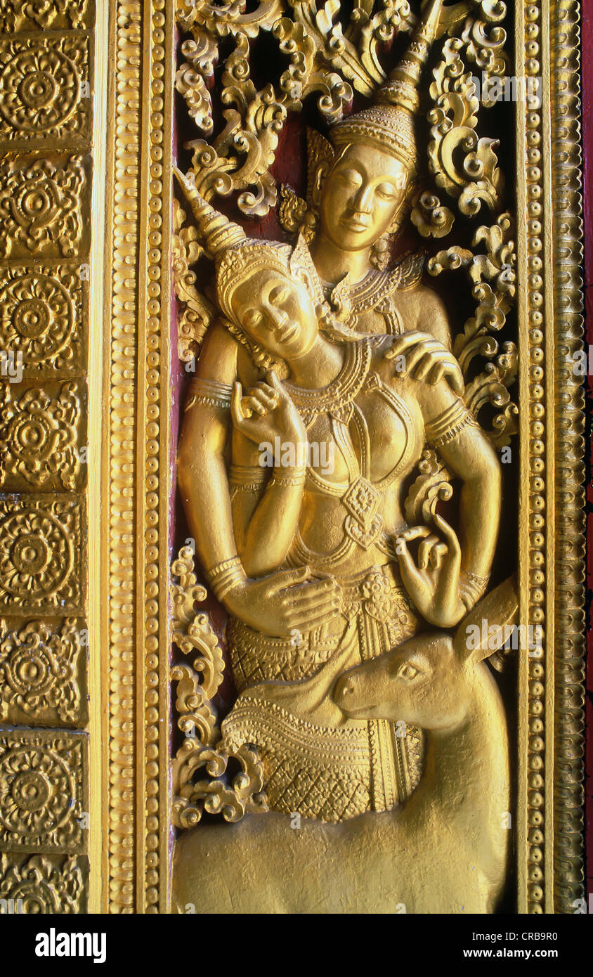 Ramayana Basrelief, Wat Xieng Thong Tempel, Luang Prabang, Laos, Indochina, Asien Stockfoto