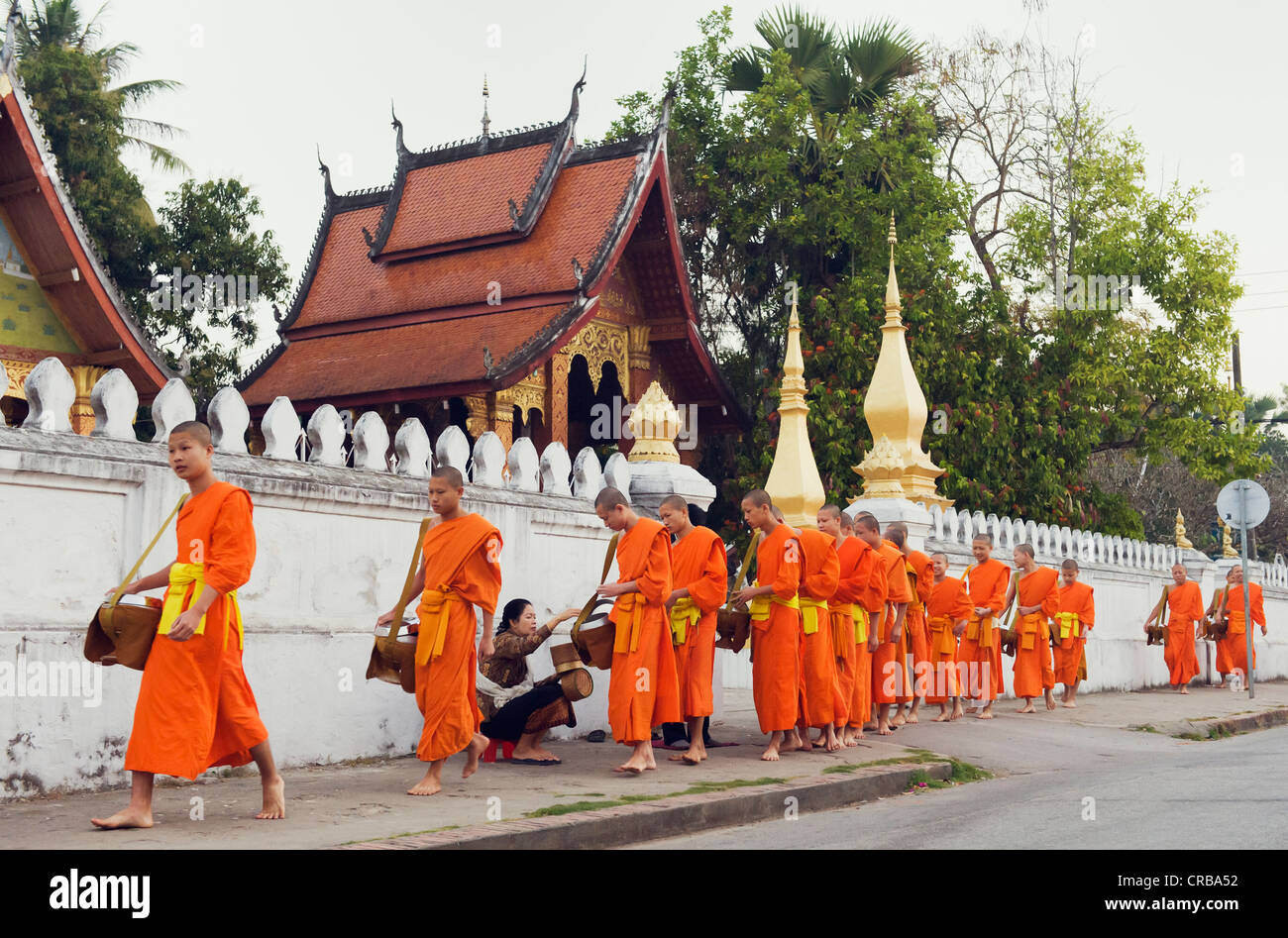 Mönche auf ihre Morgen Almosen rund, Luang Prabang, Laos, Indochina, Asien Stockfoto
