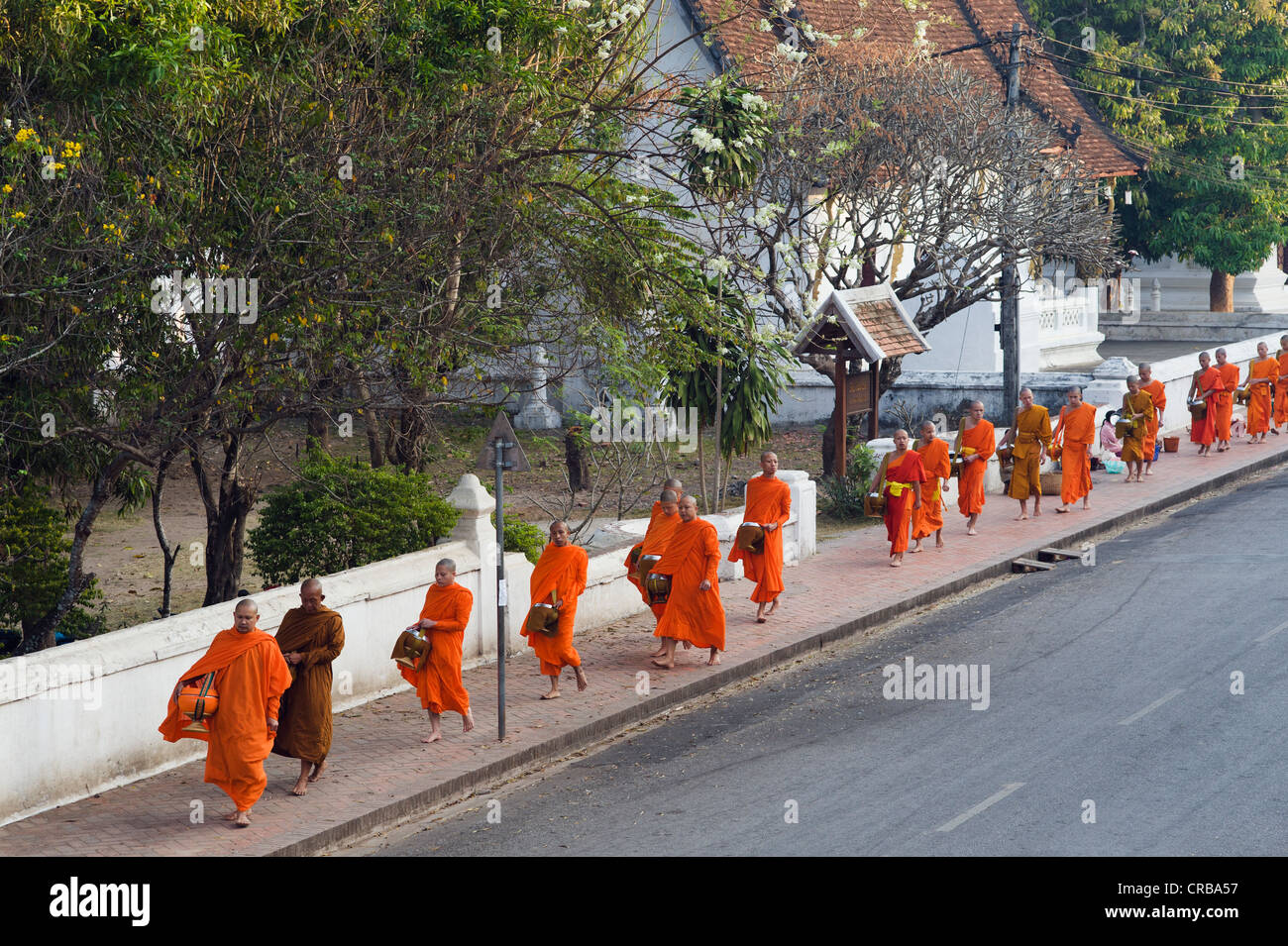 Mönche auf ihre Morgen Almosen rund, Luang Prabang, Laos, Indochina, Asien Stockfoto