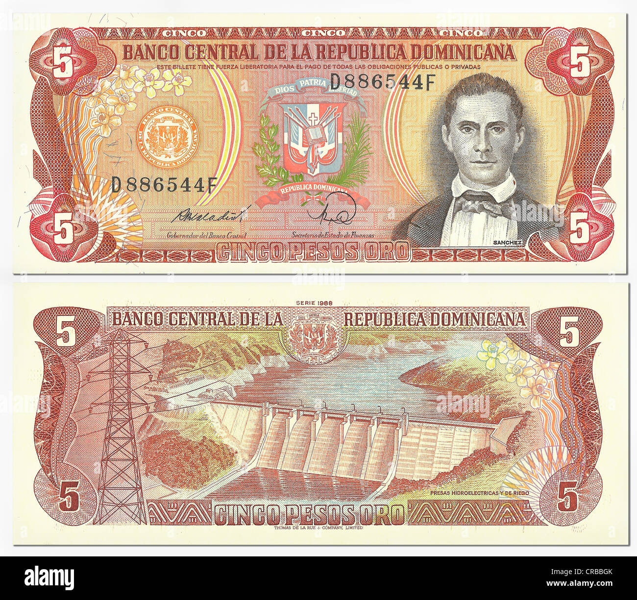 Historische Banknoten, vorne und hinten, 5 Pesos Oro, Dominikanische Republik, Banco Central Republica Dominicana Stockfoto