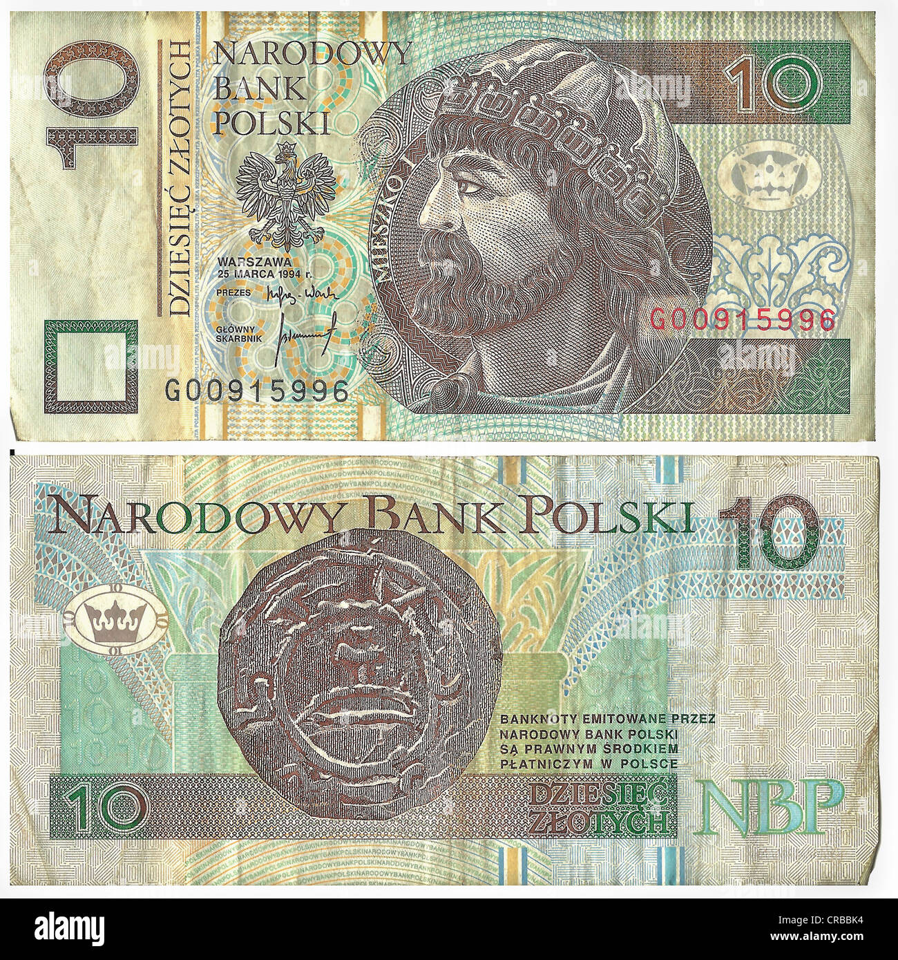 Banknote, vorne und hinten, 10 Zloty, Bank Polska, polnische Banknoten, circa 1994 Stockfoto