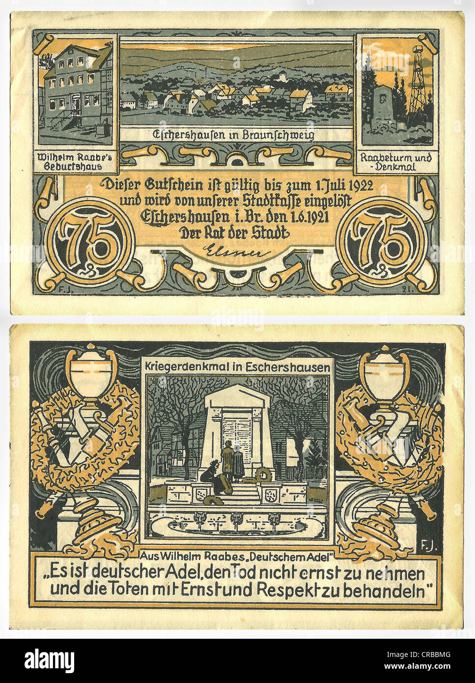 Gutschein im Wert von 75 Pfennig, vorne und hinten, ca. 1921 von der  Stadtkämmerer Büro Stadtkasse Braunschweig Stockfotografie - Alamy