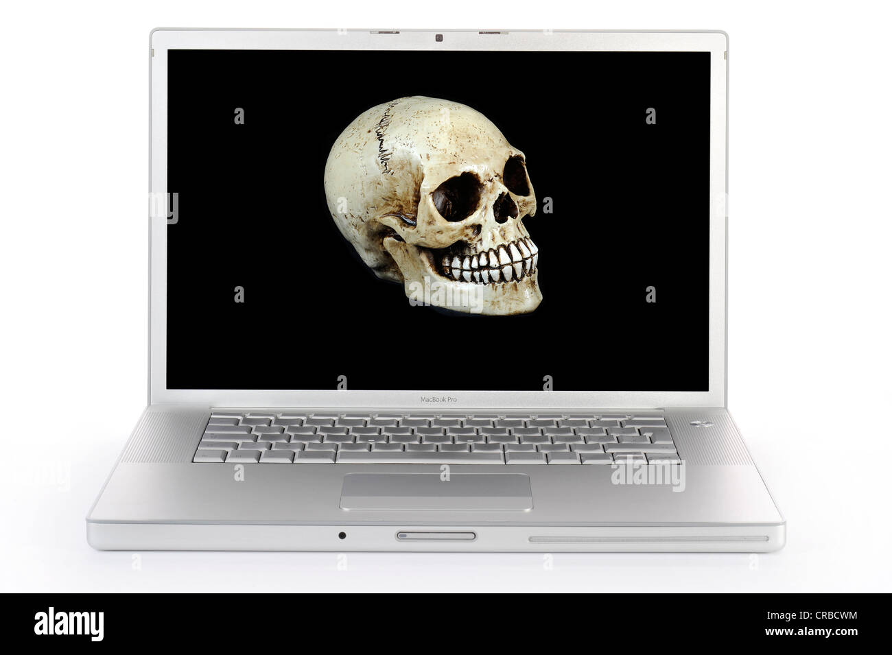 Laptop-Computer, Schädel, symbolisches Bild für Viruswarnung Stockfoto
