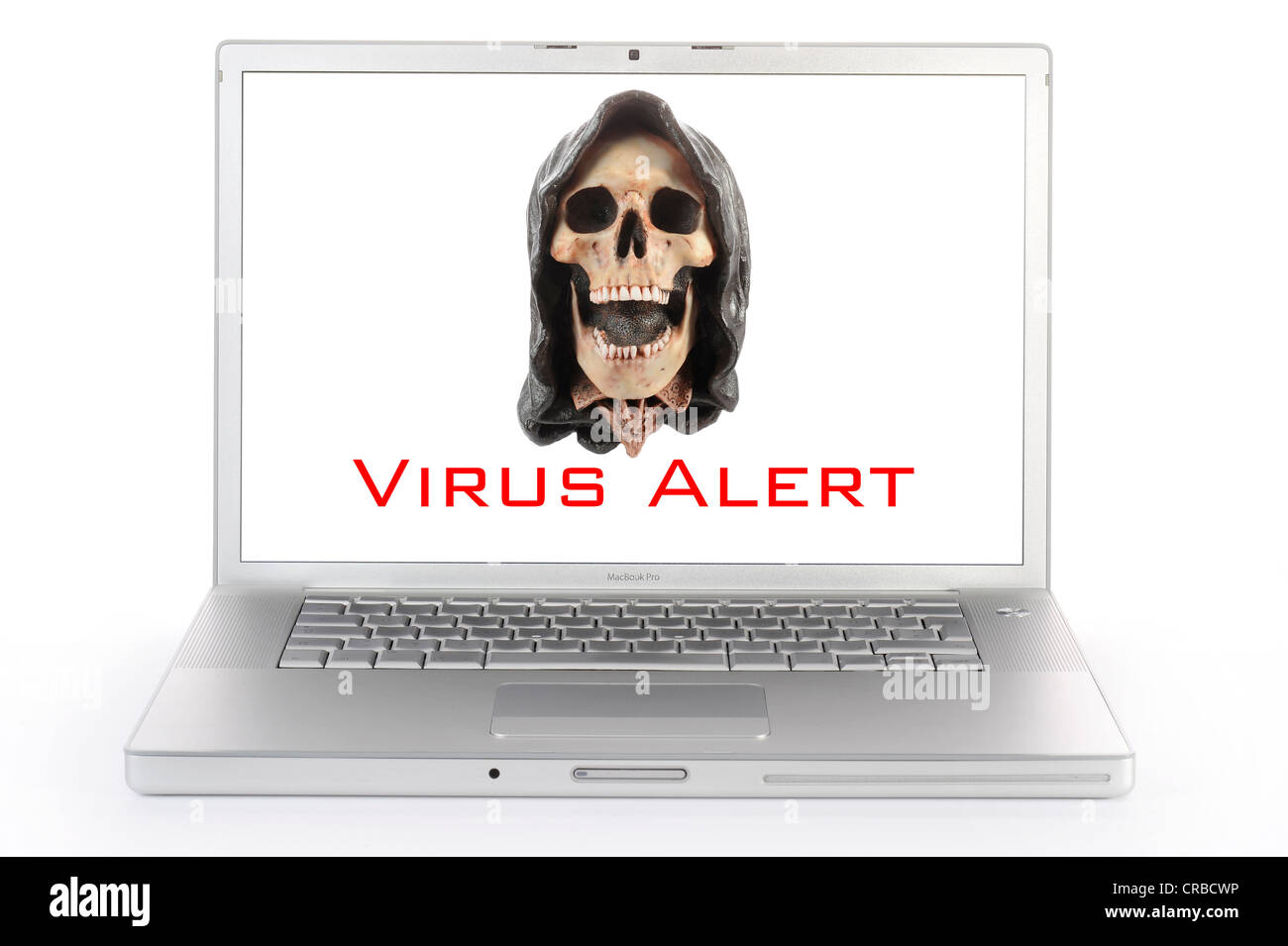 Laptop-Computer, Schädel, Schriftzug "Virus Alert", symbolisches Bild Stockfoto