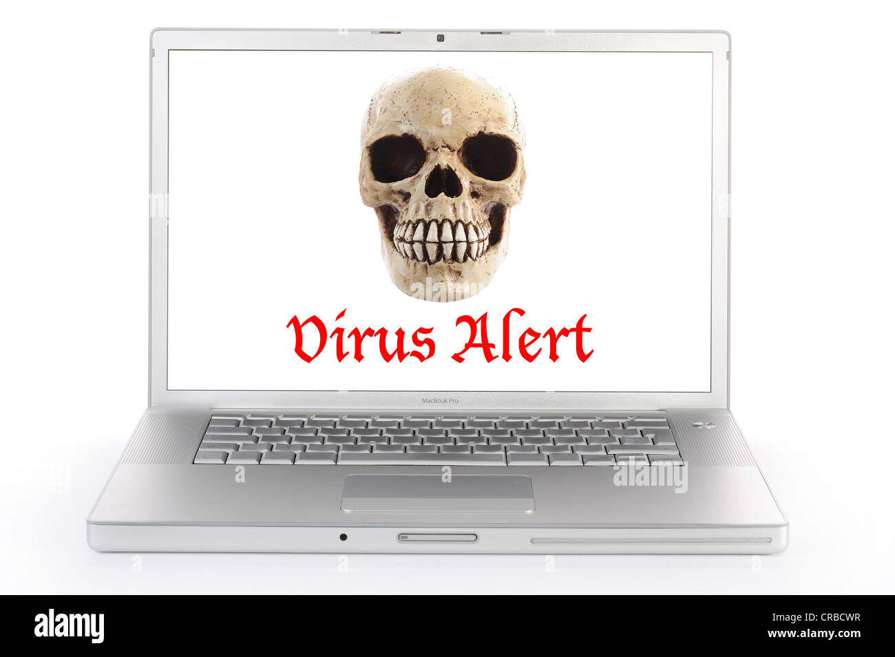Laptop-Computer, Schädel, Schriftzug "Virus Alert", symbolisches Bild Stockfoto