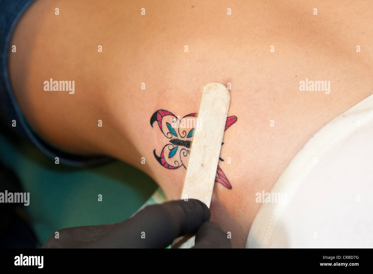 Die fast fertige Tätowierung eines Schmetterlings ist mit Sahne beschmiert. Stockfoto