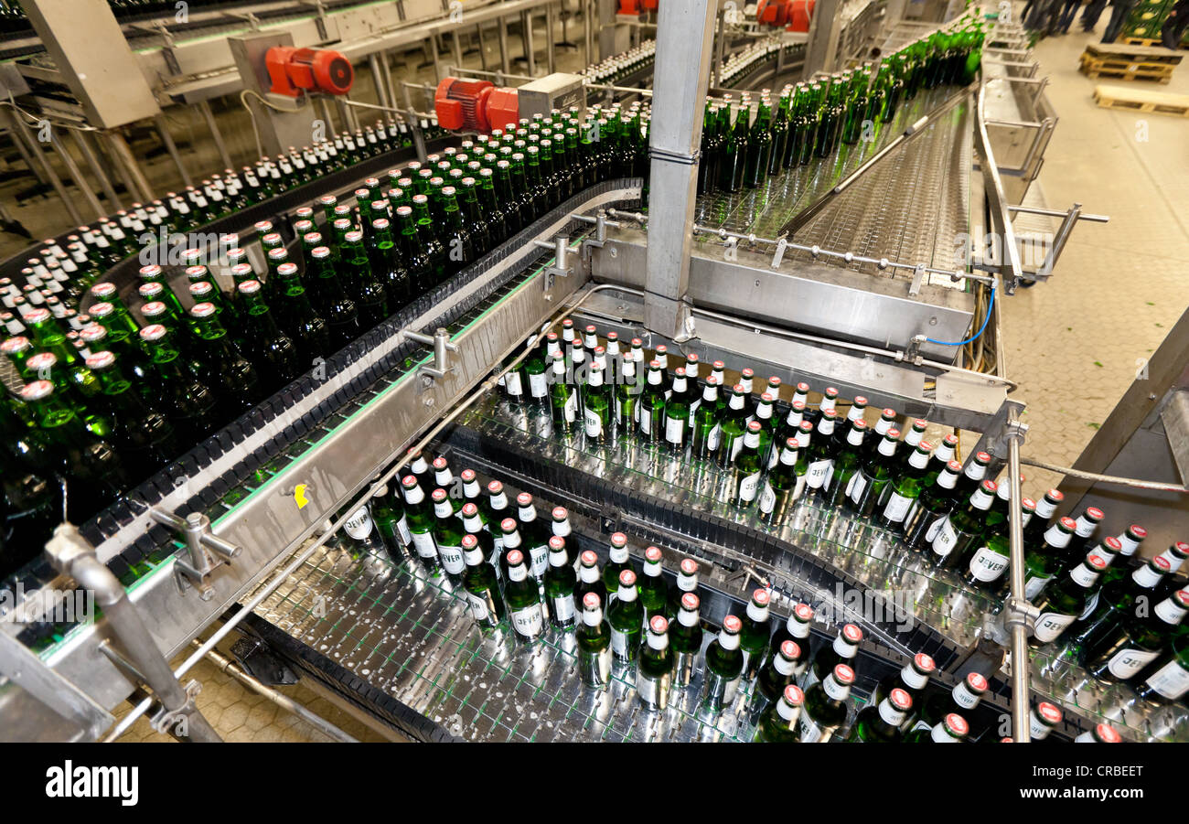 Bierflaschen abgefüllt auf einem Förderband, Binding Brauerei, Frankfurt am Main, Hessen, Deutschland, Europa Stockfoto