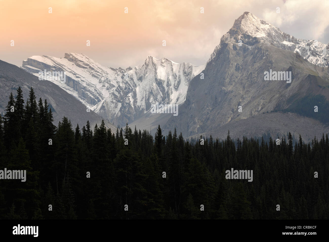 Paul Berg, Mt. Monkhead und Mount Warren, Abend, Maligne Valley, Jasper Nationalpark, Kanadische Rockies, Alberta, Kanada Stockfoto