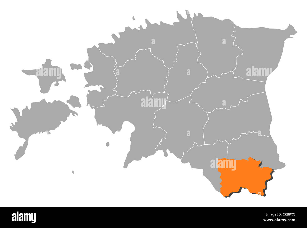 Politische Karte von Estland mit den Countys, wo Võru markiert ist. Stockfoto