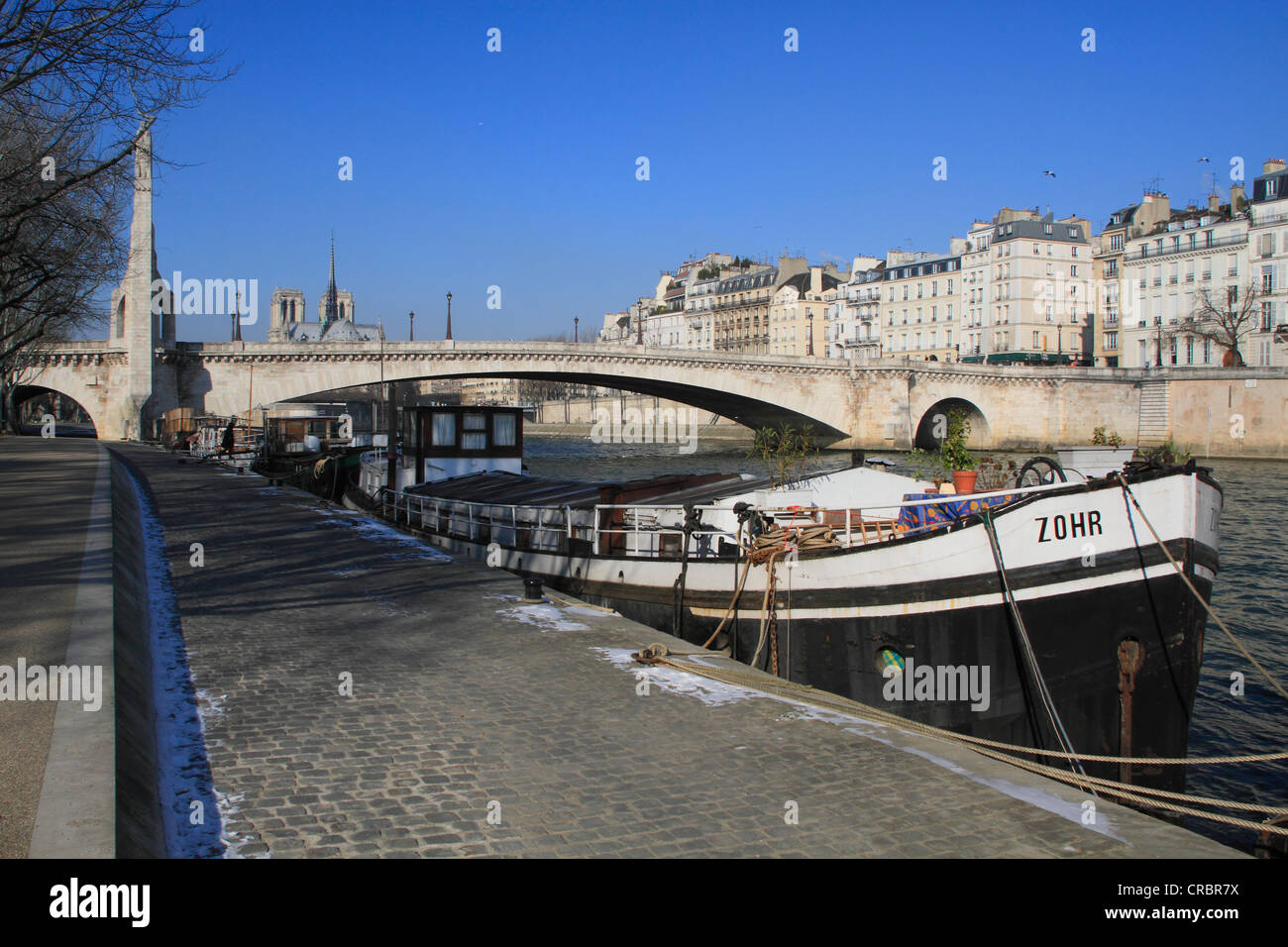 Seine mit der Brücke Pont La Tournelle und ein Cargo-Schiff, Notre-Dame, Paris, Frankreich, Europa Stockfoto