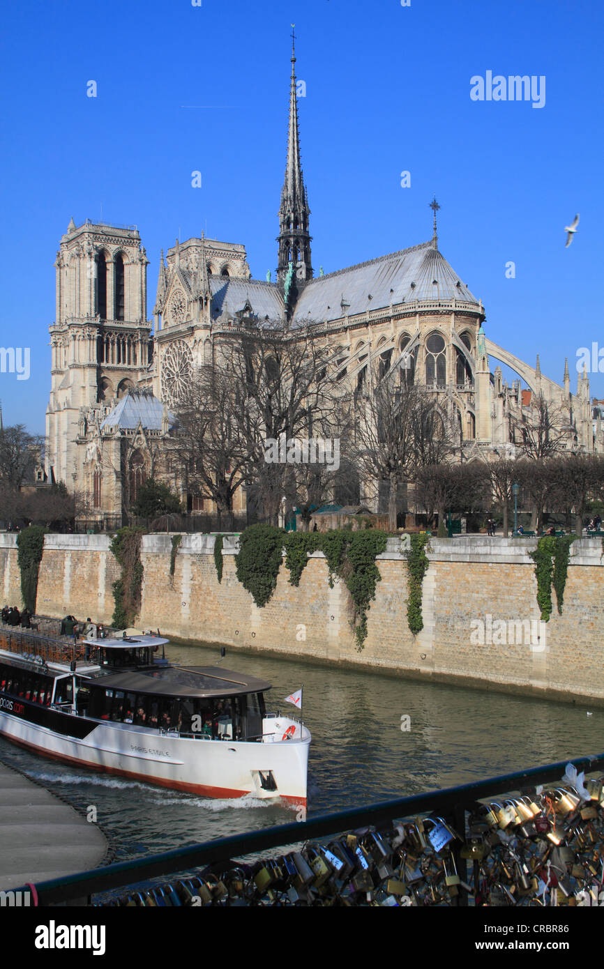 Seineufer mit ein Touristenboot und Kathedrale Notre-Dame, von der Brücke Pont de l'Archevêché, Paris, Frankreich, Europa Stockfoto