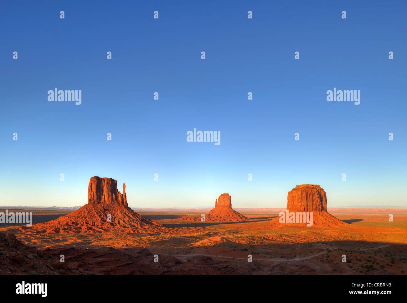Mesas, West Mitten Butte, Scenic Drive East Mitten Butte, Merrick Butte, Dämmerung, Monument Valley Navajo Tribal Park Stockfoto