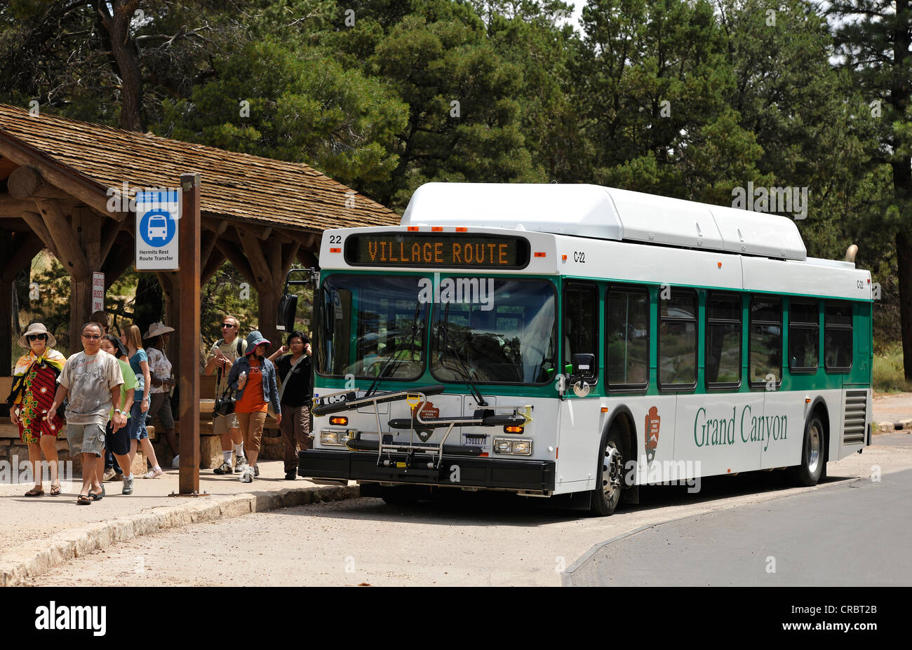 Shuttle-Bus-System für Touristen, Einsiedler Straße Bushaltestelle, Grand Canyon Village, Arizona, Grand Canyon National Park, South Rim Stockfoto