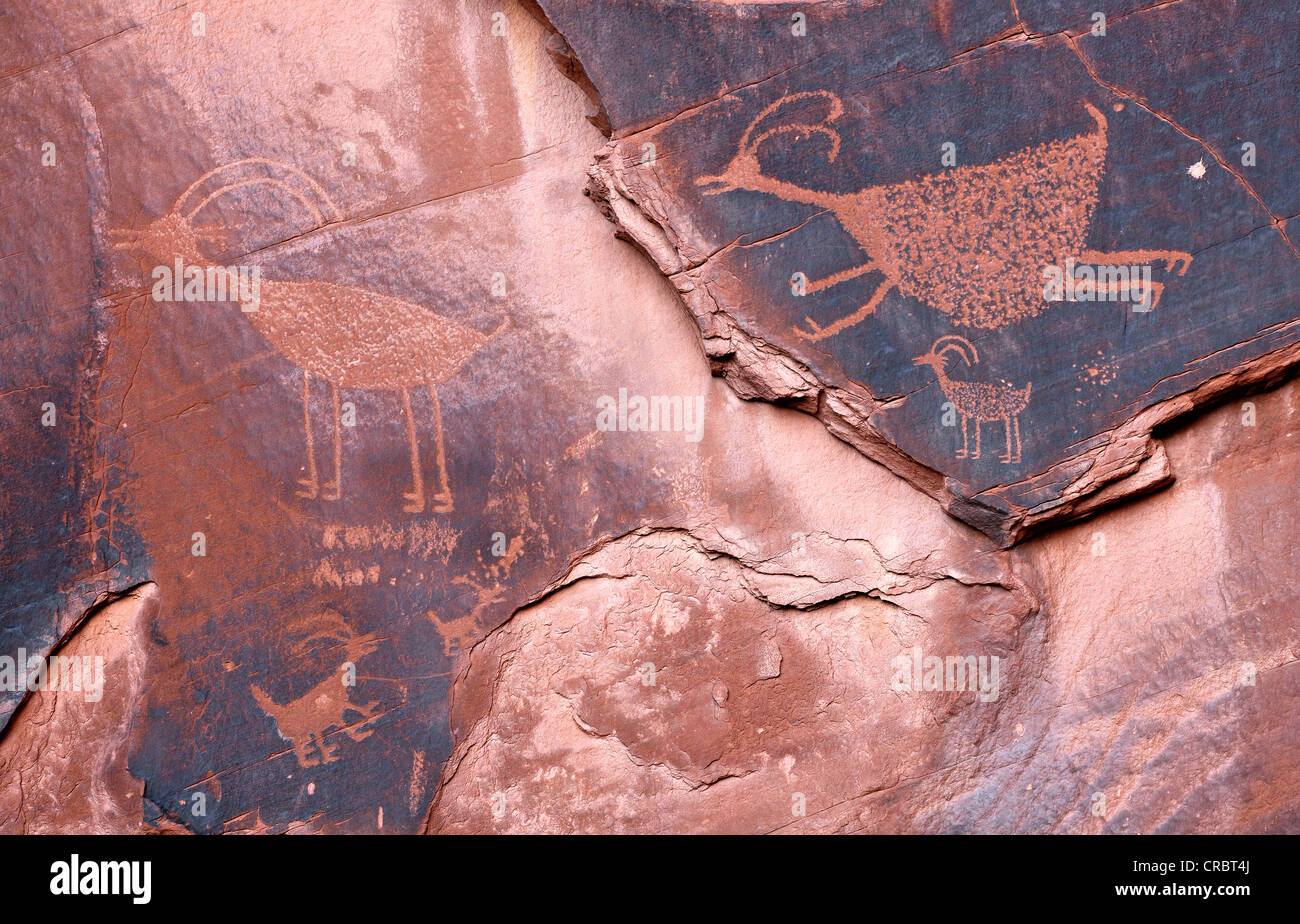 Petroglyphen in Sandstein, Symbole, prähistorische und historische Felsmalereien, Wandzeichnungen von Anasazi Indianer geätzt Stockfoto