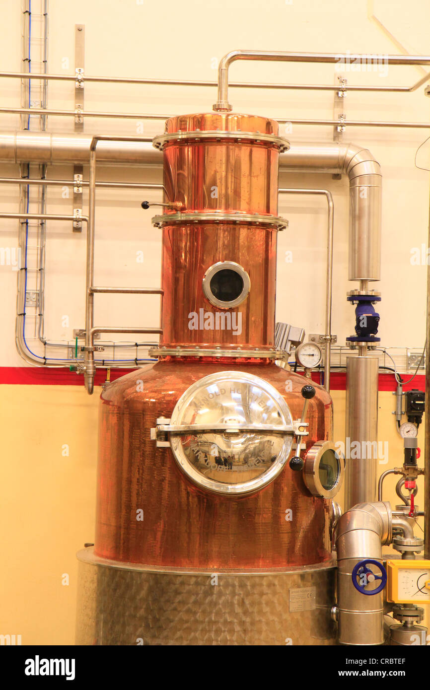 Kleinen Destillationseinheit für Testzwecke, Aalborg Akvavit Spirituosen Fabrik, Aalborg, Nord-Jütland, Dänemark, Europa Stockfoto