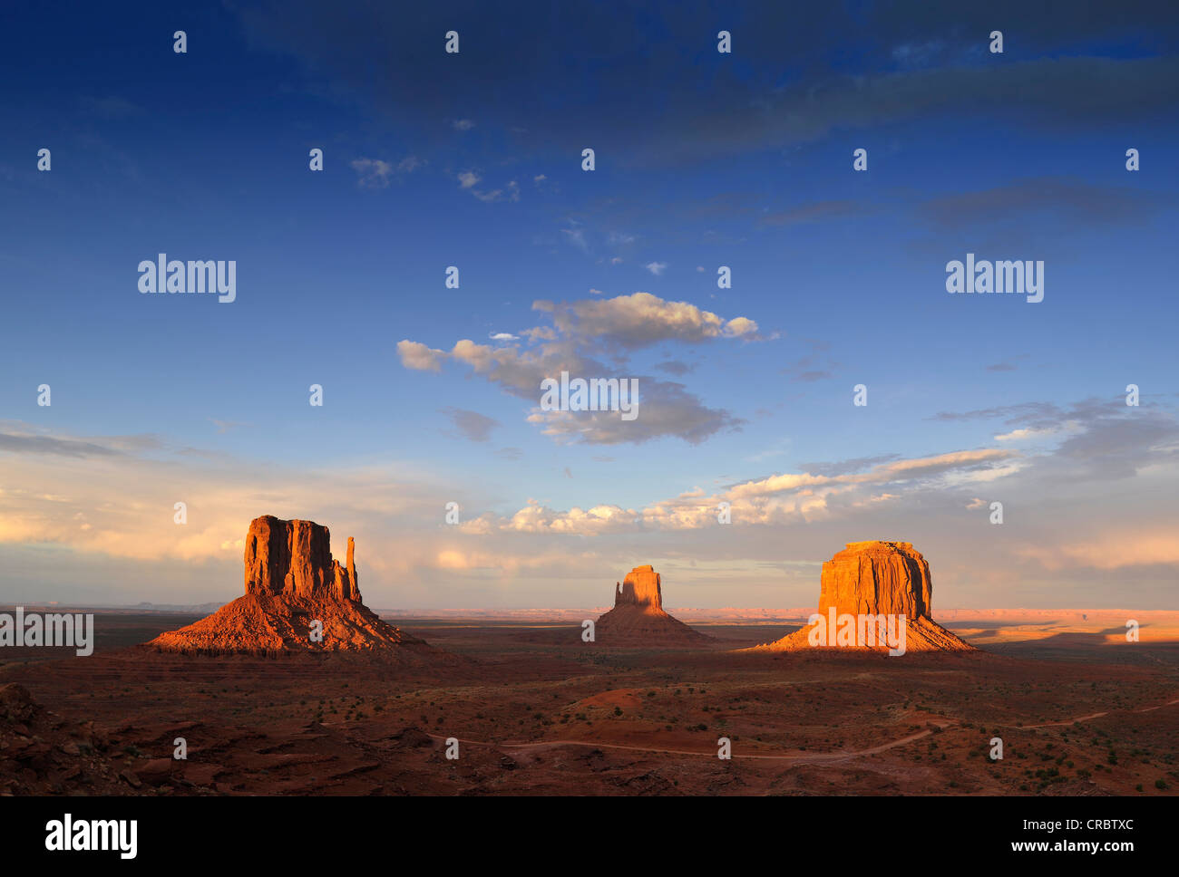 West Mitten Butte, East Mitten Butte und Merrick Butte Tafelberge im Abendlicht, Monument Valley Navajo Tribal Park Stockfoto