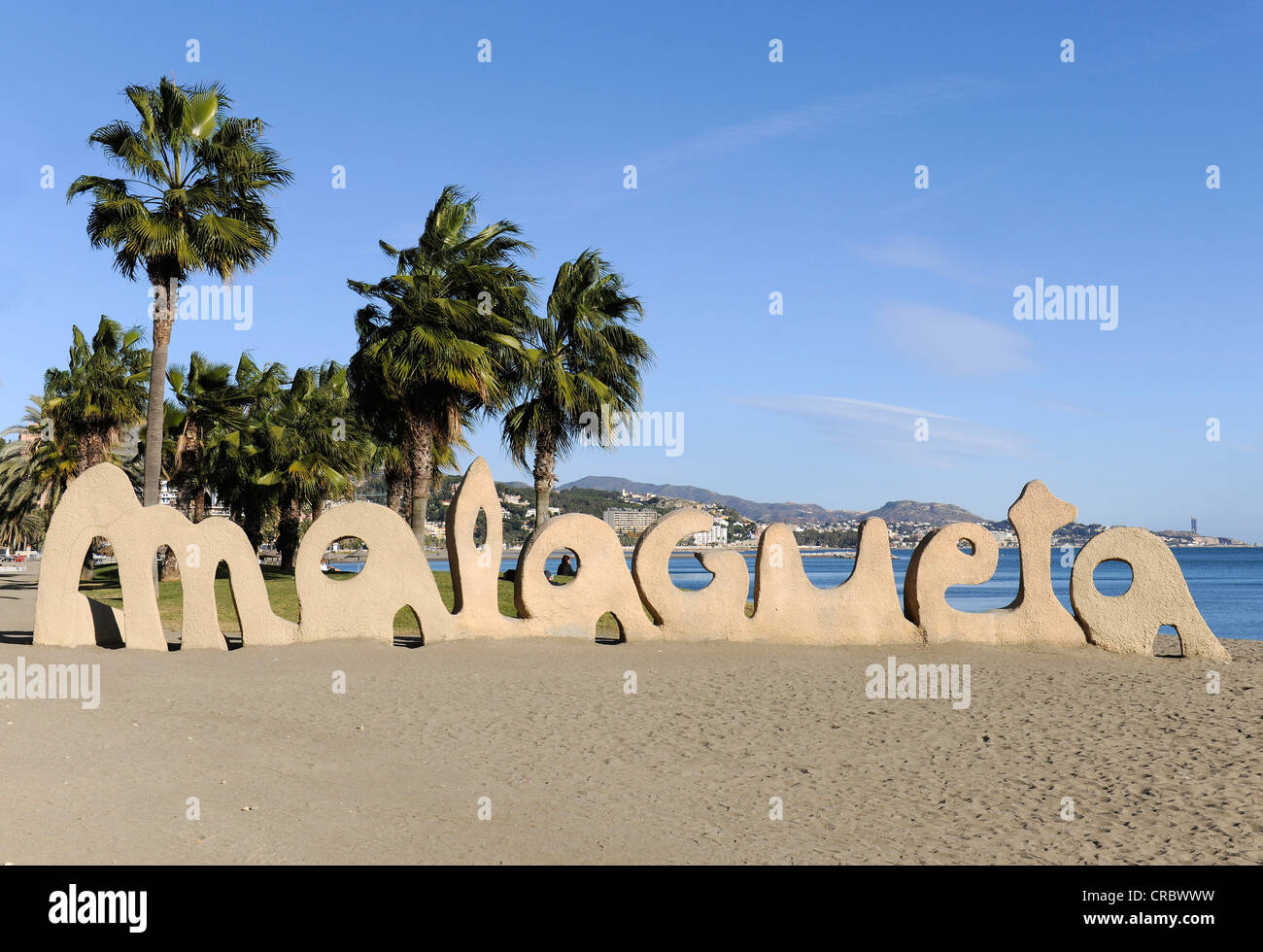 Malagueta, machte Schriftzug von Sand, Malaga, Spanien, Europa Stockfoto
