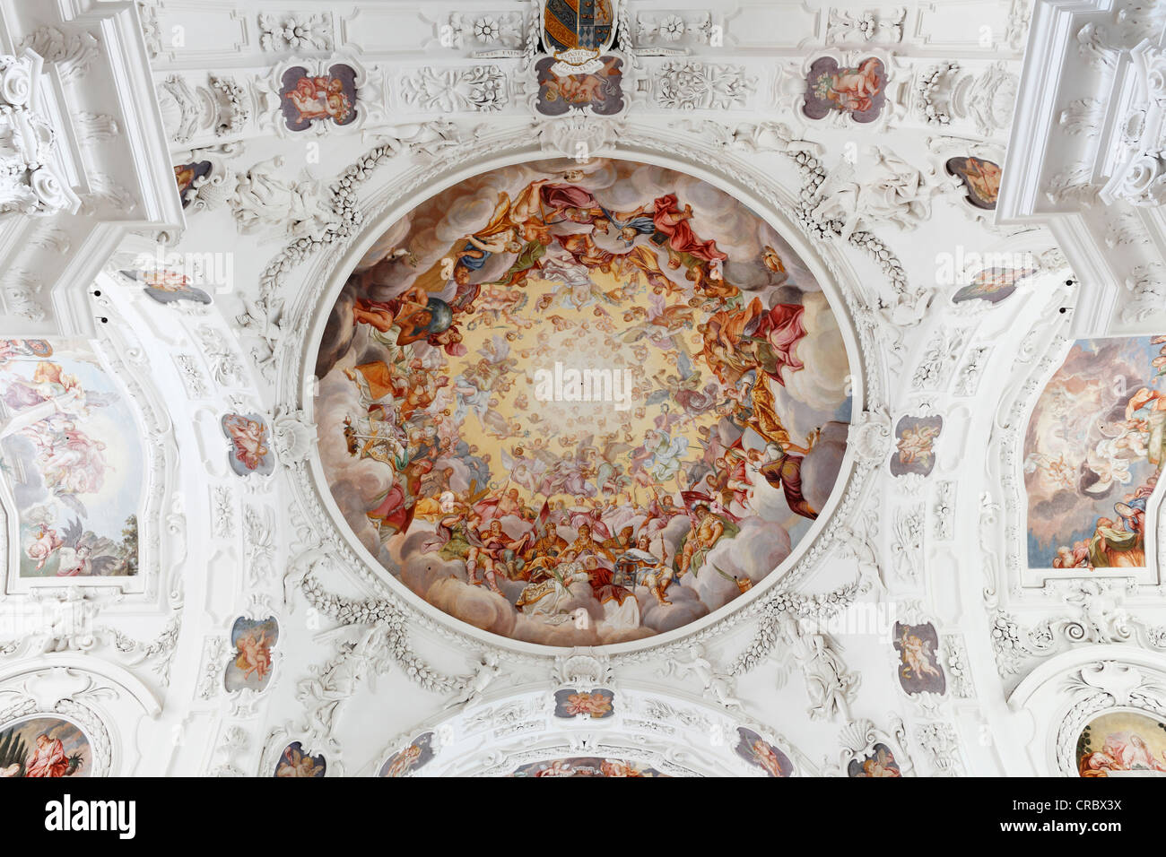 Deckenfresko Hans Georg Asam, Pfarrei Kirche von St. Quirin, ehemalige Klosterkirche, Tegernsee, Bayern, Oberbayern Stockfoto