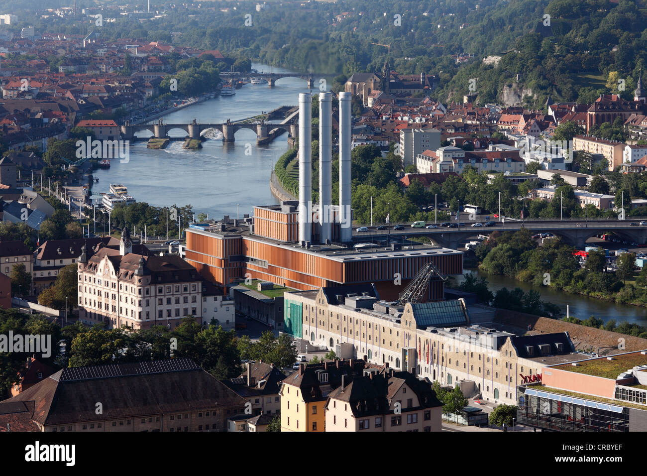 Blick vom Steinberg Hügel auf Kraft-Wärme-Kraftwerk, Kulturspeicher Kulturzentrum, Mains Stockfoto