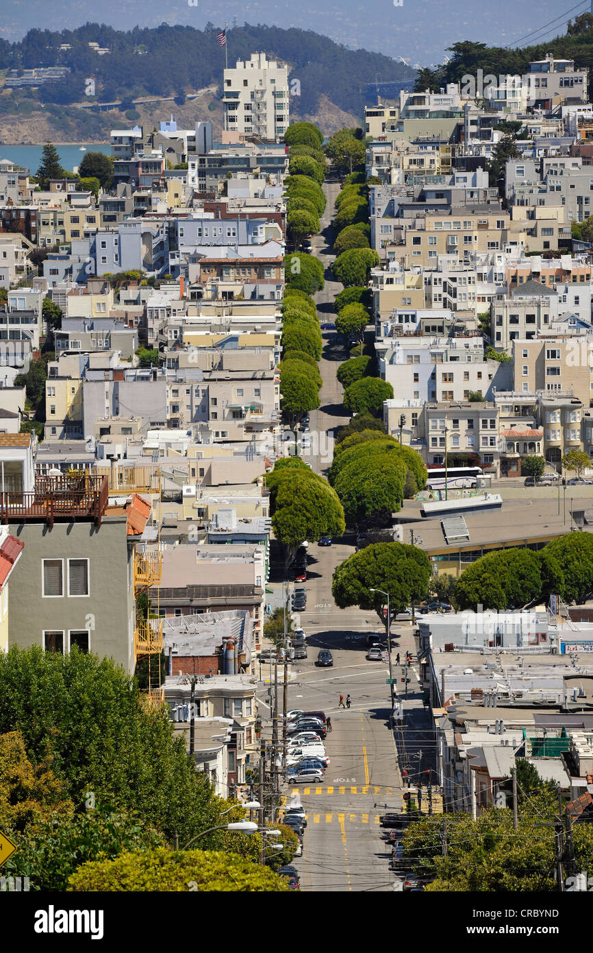 Blick von der Lombard Street, Telegraph Hill und Treasure Island, San Francisco, Kalifornien, Vereinigte Staaten von Amerika, USA Stockfoto