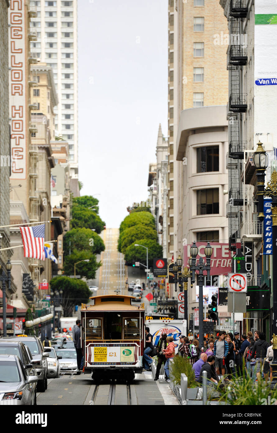 Seilbahn, Kabel Straßenbahn, Powell Street und Market Street, San Francisco, Kalifornien, Vereinigte Staaten von Amerika, USA Stockfoto